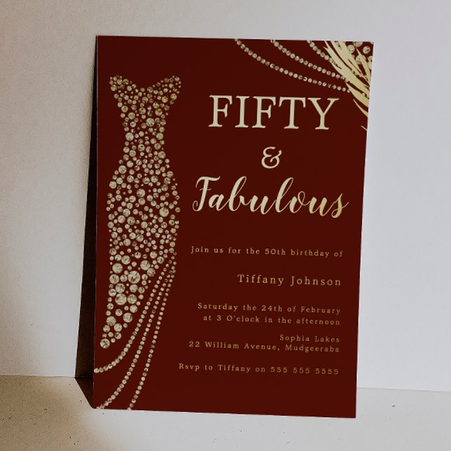 Fifty & Fabulous Burgundy & Gold 50th Birthday  Foil Invitation (Creator Uploaded)
