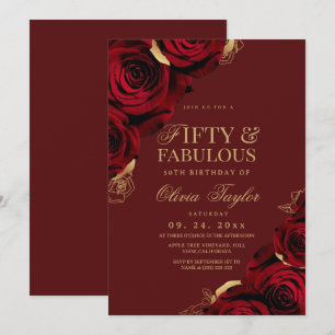 Fifty & Fabulous Burgundy Roses 50th Birthday  Invitation