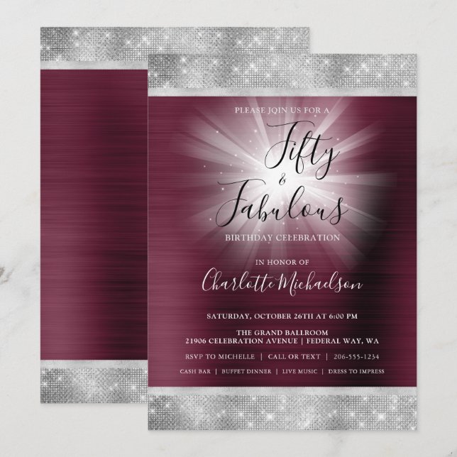 Fifty & Fabulous Burgundy Silver Sparkle Glam Invitation (Front/Back)