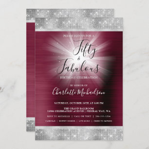 Fifty & Fabulous Burgundy Silver Sparkle Glam Invitation