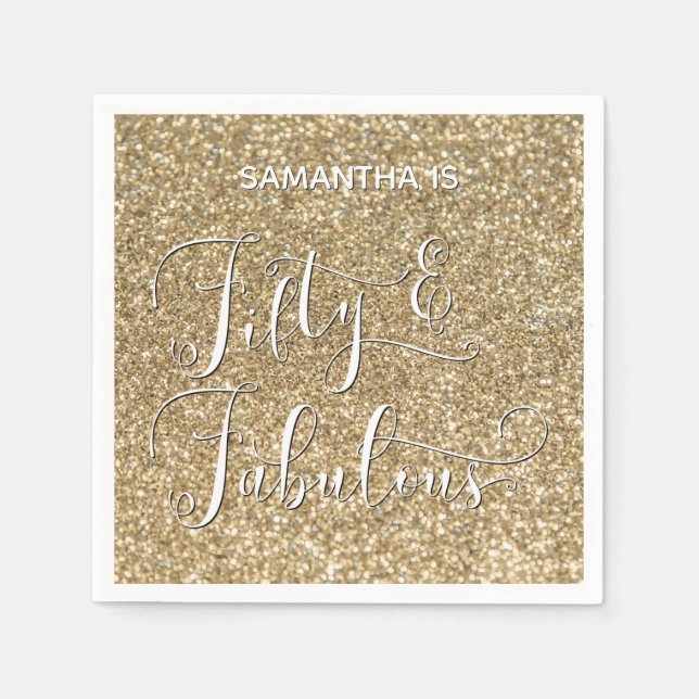 Fifty & Fabulous Calligraphy on Gold Glitter Napkins (Front)