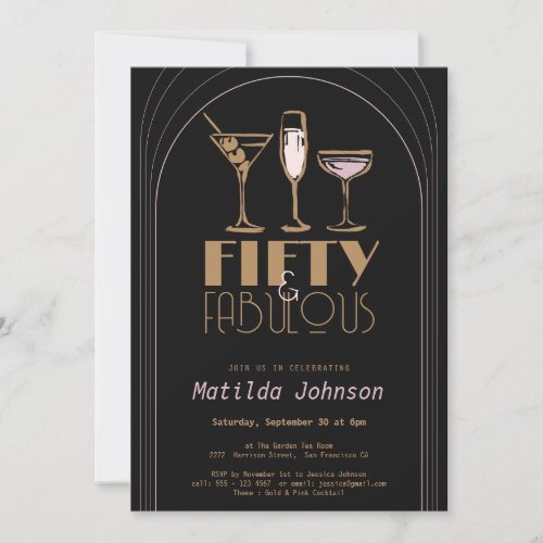 Fifty  Fabulous Cocktail Gatsby Gold Black Pink Invitation