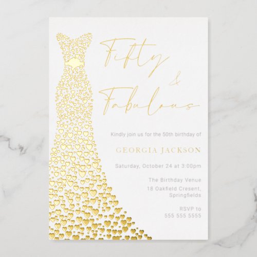 Fifty  Fabulous Dress 50th Birthday Real Gold  Foil Invitation