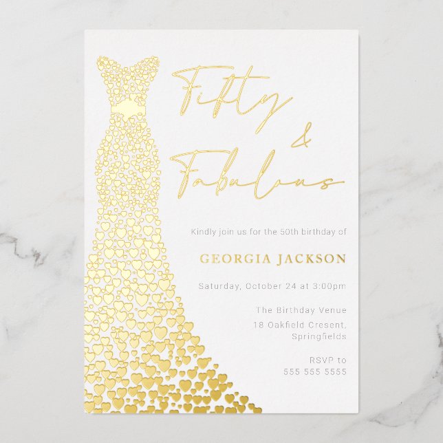 Fifty & Fabulous Dress 50th Birthday Real Gold  Foil Invitation (Front)
