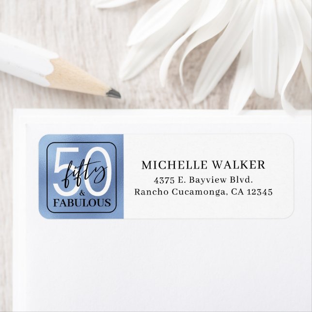 Fifty & Fabulous Dusty Blue Script 50th Birthday Label (Insitu)
