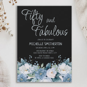 Fifty Fabulous Dusty Blue White Floral Black 50th Invitation
