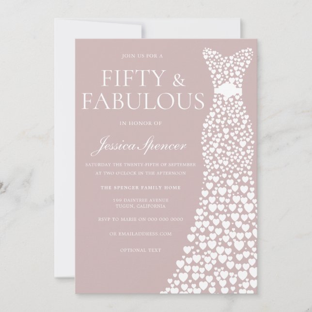 Fifty & Fabulous! Dusty Pink & White 50th Birthday Invitation (Front)