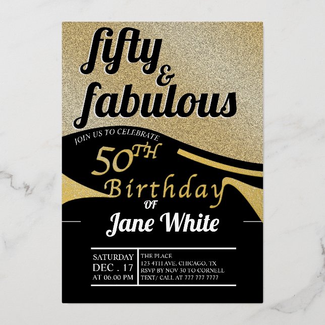 Fifty & Fabulous | Elegant Gold 50th Birthday  Foi Foil Invitation (Front)
