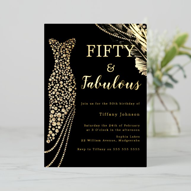 Fifty & Fabulous Elegant Gold Dress 50th Birthday Foil Invitation | Zazzle