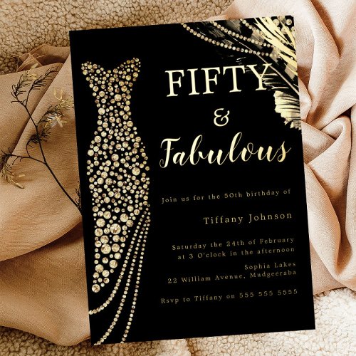 Fifty  Fabulous Elegant Gold Dress 50th Birthday  Foil Invitation
