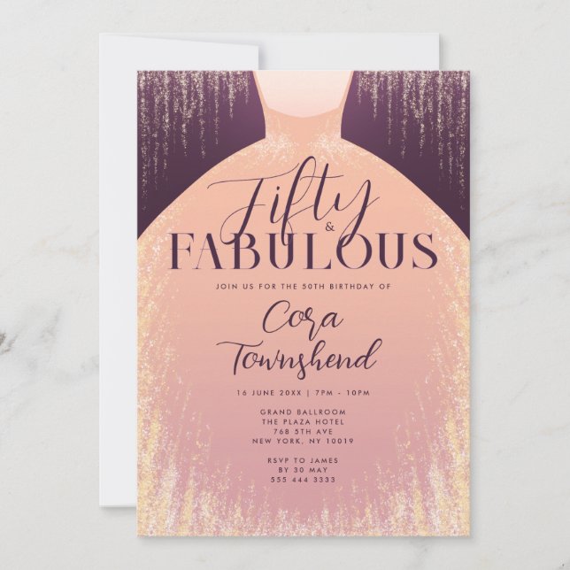 Fifty & Fabulous Elegant Gold Dress 50th Birthday Invitation (Front)