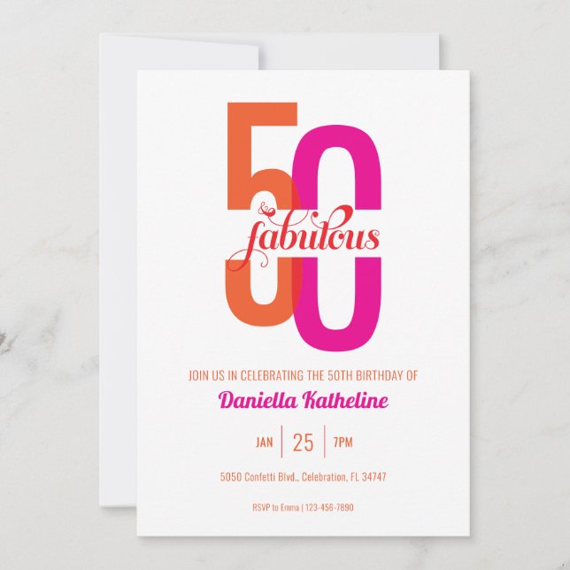 Fifty & Fabulous Elegant Pink Orange 50th Birthday Invitation (Front)