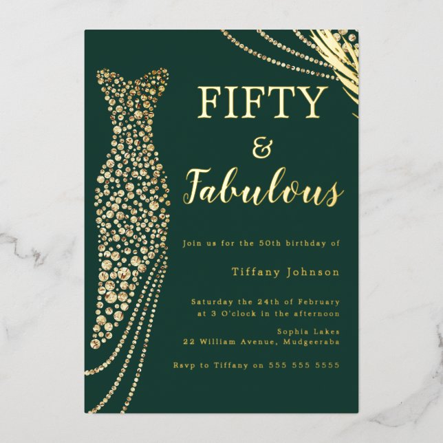 Fifty & Fabulous Emerald Gold Dress 50th Birthday Foil Invitation (Front)