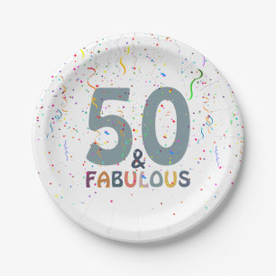 Fifty & Fabulous Fun Confetti Blue Typography Paper Plates