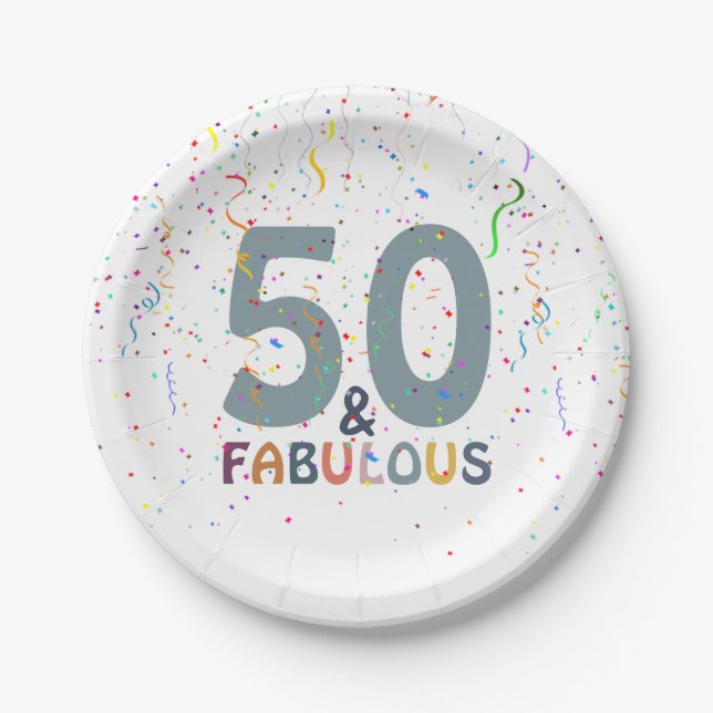 Fifty & Fabulous Fun Confetti Blue Typography Paper Plates (Front)