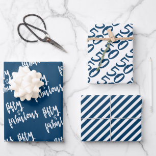 Fifty & Fabulous - Fun Navy Blue 50th Birthday Wrapping Paper Sheets