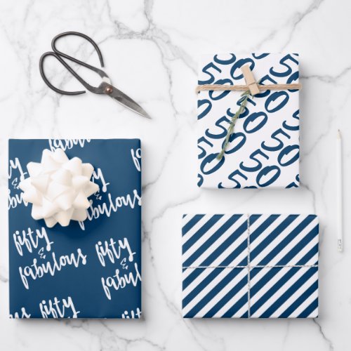 Fifty  Fabulous _ Fun Navy Blue 50th Birthday  Wrapping Paper Sheets
