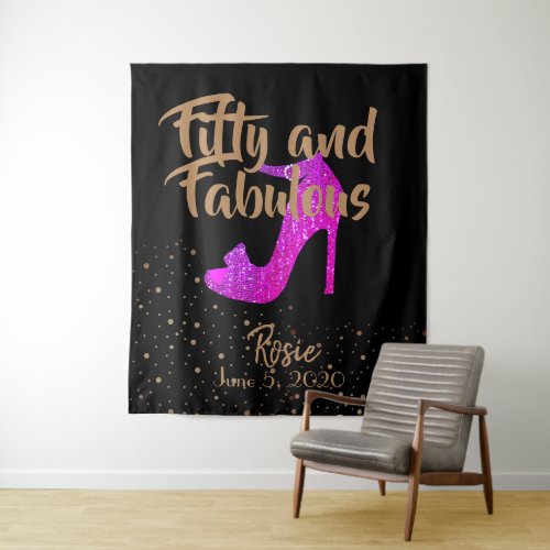 Fifty  Fabulous Girly Glitter Hot Pink Gold Text Tapestry