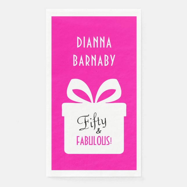 Fifty & FABULOUS! Girly Hot Pink Birthday Party Paper Guest Towels (Front)