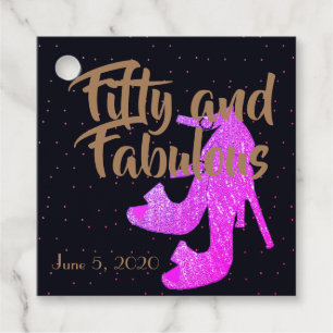 Fifty & Fabulous Girly Sparkly Hot Pink Shoe Text Favor Tags