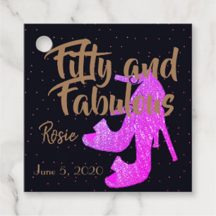 Fifty & Fabulous Girly Sparkly Hot Pink Shoe Text Favor Tags