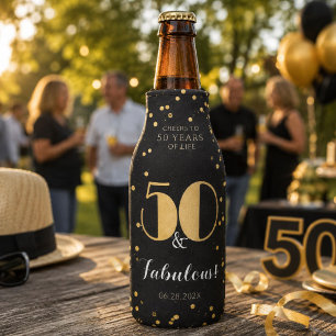 Fifty & Fabulous Gold 50th Birthday Party Bottle Cooler