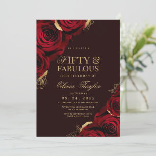 Fifty &Fabulous Gold Burgundy Rose 50th Birthday Invitation