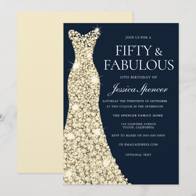 Fifty & Fabulous!! Gold Dress Gown 50th Birthday Invitation (Front/Back)