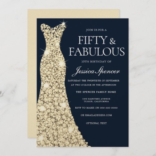 Fifty  Fabulous Gold Dress Gown 50th Birthday Invitation