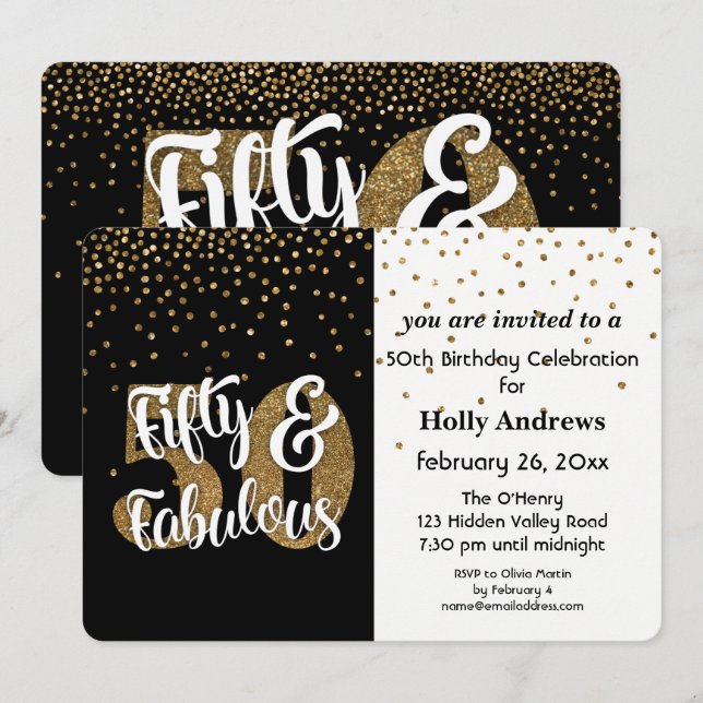 Fifty & Fabulous Gold Faux Glitter Birthday Party Invitation (Front/Back)
