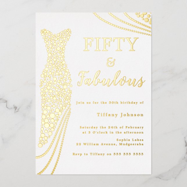 Fifty & Fabulous! Gold Foil Dress 50th Birthday Foil Invitation (Front)