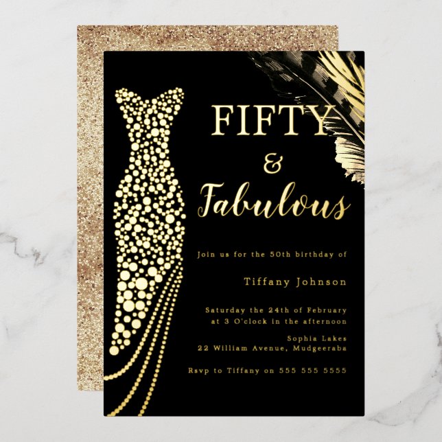 Fifty & Fabulous Gold Foil Dress 50th Birthday  Foil Invitation (Front/Back)