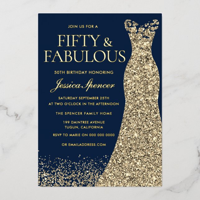 Fifty & Fabulous Gold Foil Navy 50th Birthday Foil Invitation (Front)