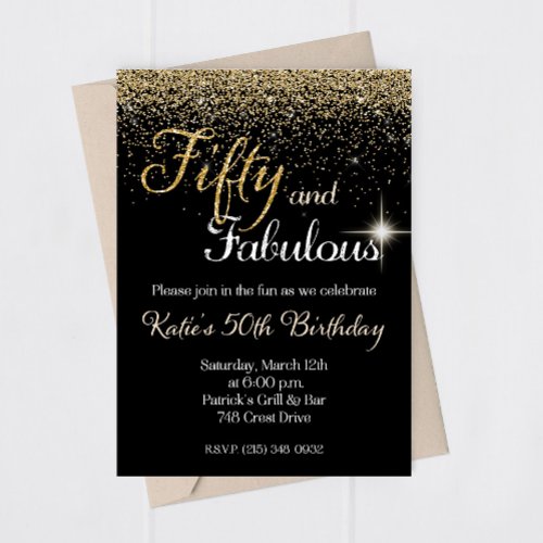 Fifty  Fabulous Gold Glitter Birthday Invitation