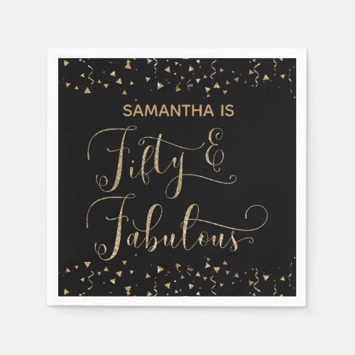 Fifty  Fabulous Gold Glitter  Confetti Black Napkins