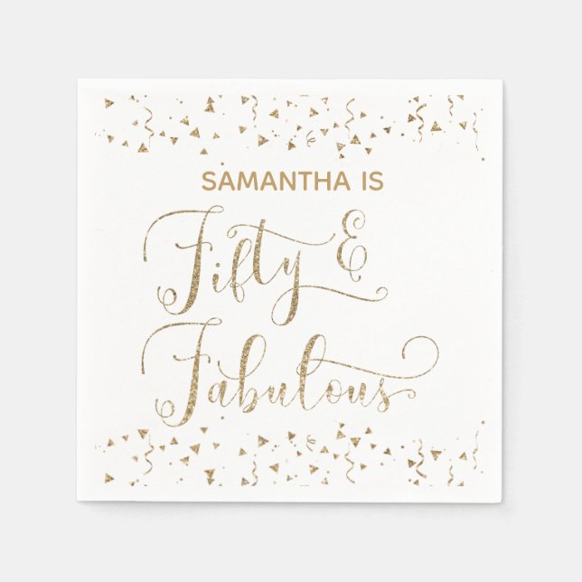 Fifty & Fabulous Gold Glitter & Confetti White Napkins (Front)
