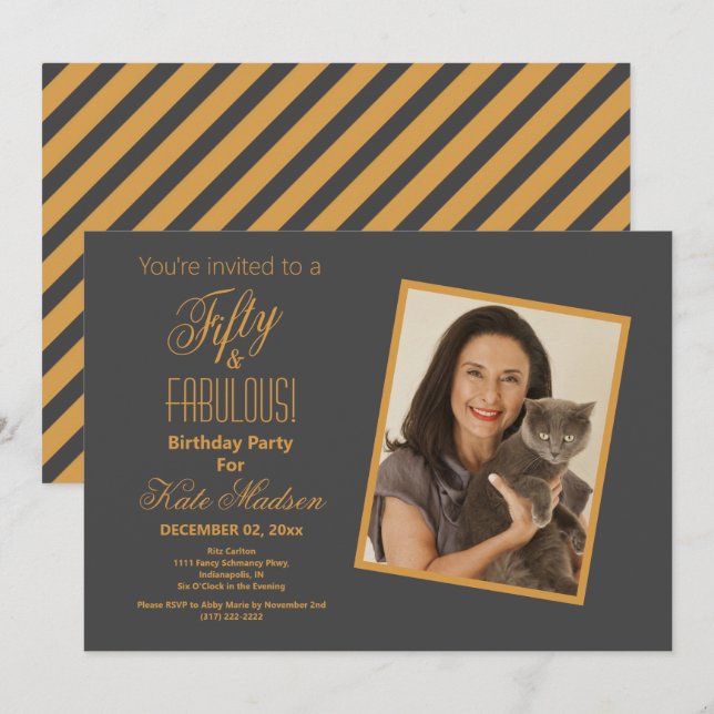 Fifty & FABULOUS Gold & Pewter 50th Birthday Party Invitation (Front/Back)