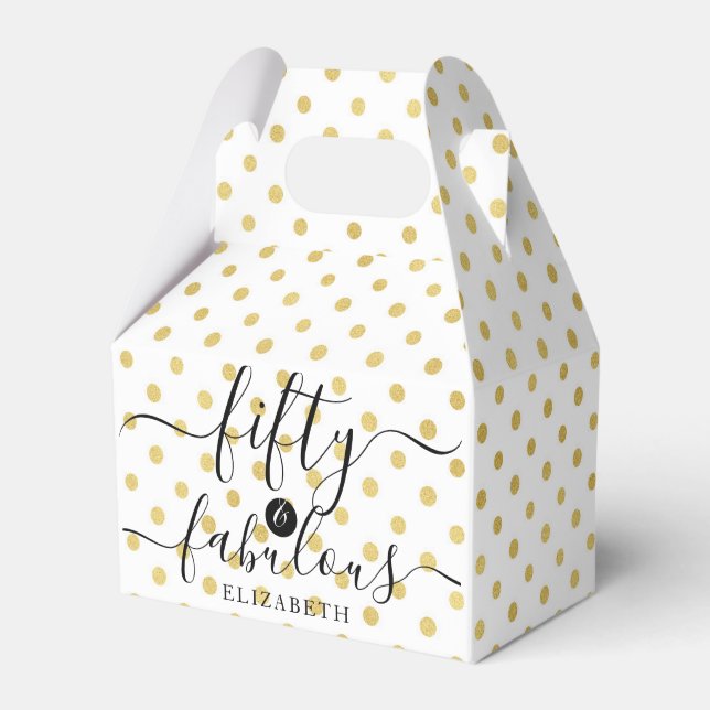 Fifty & Fabulous Gold Polka Dot Name 50th Birthday Favor Boxes (Front Side)