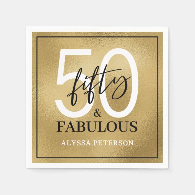 Fifty & Fabulous Gold Script 50th Birthday Napkins (Front)