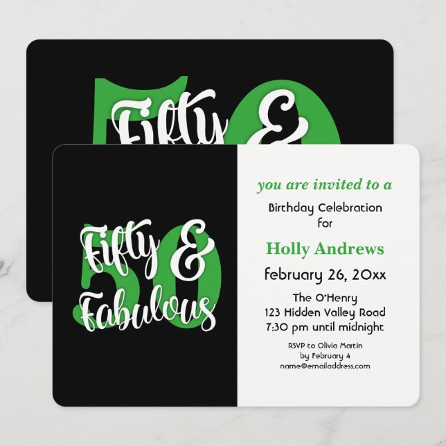 Fifty & Fabulous Green Typography Birthday Party Invitation (Front/Back)