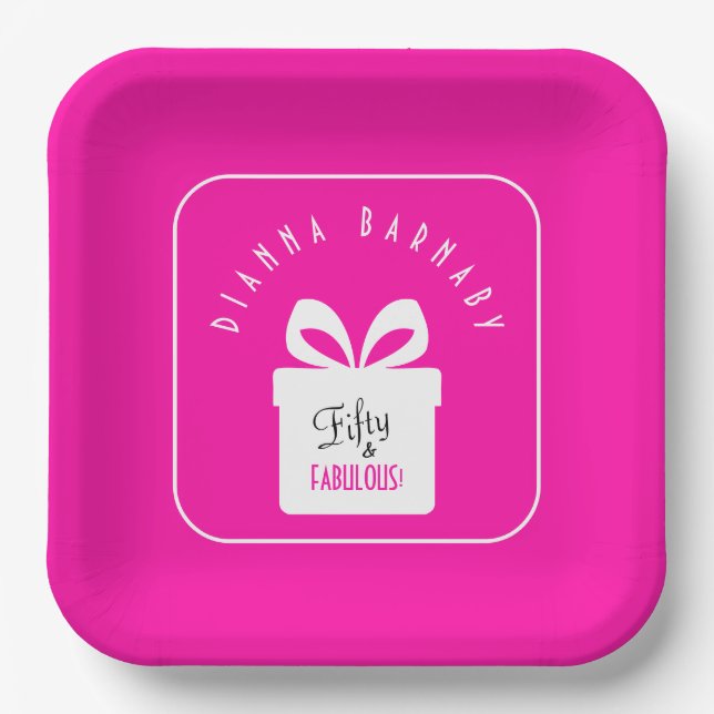 Fifty & FABULOUS! Hot Pink 50th Birthday Party Paper Plates (Front)