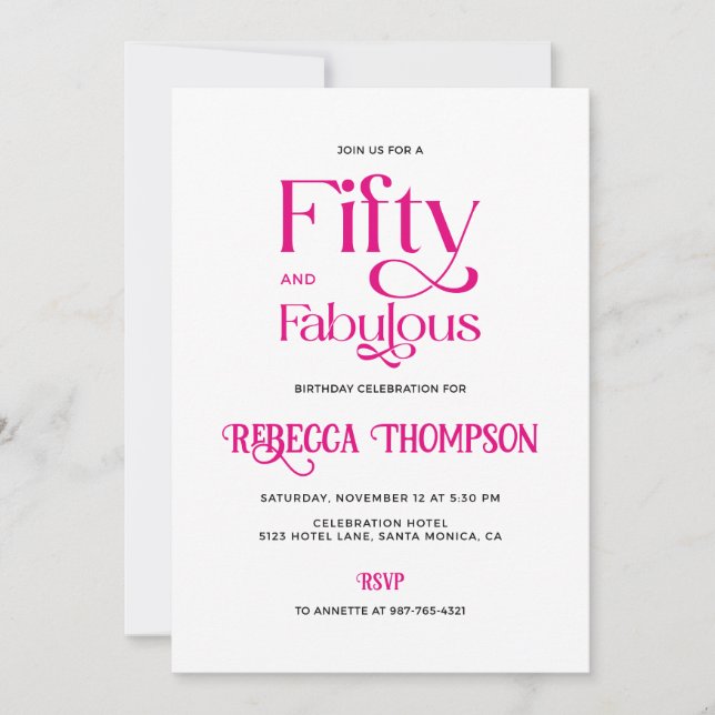 Fifty Fabulous Hot Pink Script 50th Birthday Invitation (Front)