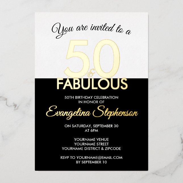 Fifty Fabulous Modern Black Gold 50th Birthday  Foil Invitation (Front)