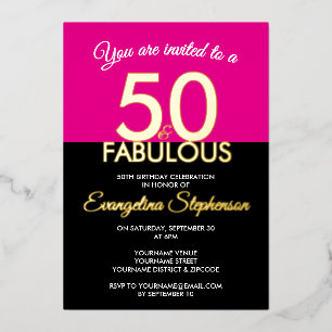 Fifty Fabulous Modern Black Pink 50th Birthday  Foil Invitation
