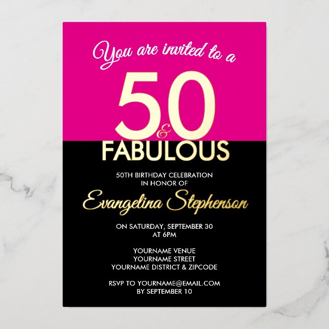 Fifty Fabulous Modern Black Pink 50th Birthday  Foil Invitation (Front)