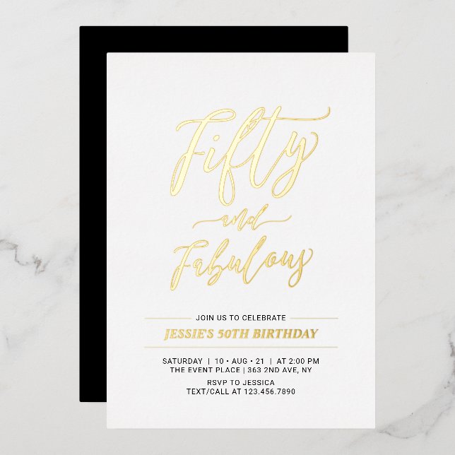 Fifty & Fabulous | Modern Gold 50th Birthday Party Foil Invitation (Front/Back)