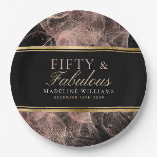 Fifty & Fabulous Name Black Gold Dusty Rose Black Paper Plates