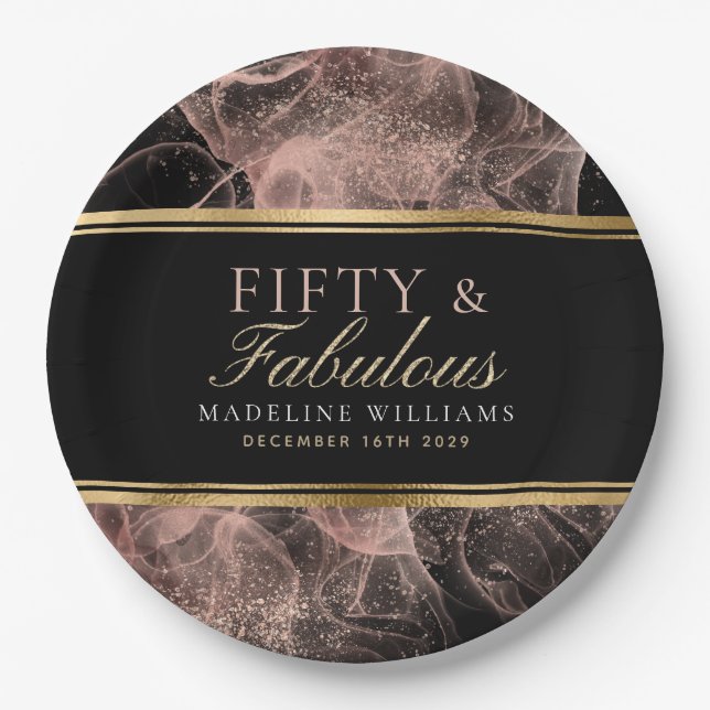 Fifty & Fabulous Name Black Gold Dusty Rose Black Paper Plates (Front)
