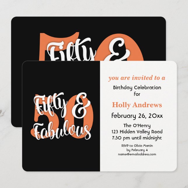 Fifty & Fabulous Orange Typography Birthday Party Invitation (Front/Back)