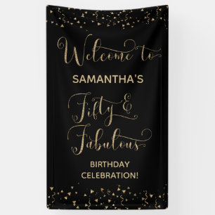 Fifty & Fabulous Party Welcome Gold and Black 2 Banner